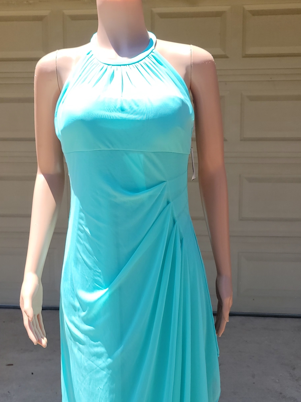 David's Bridal Aqua Ruched Back Maxi Dress